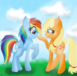 Size: 1125x1106 | Tagged: safe, artist:galaxy swirl, derpibooru import, applejack, rainbow dash, earth pony, pegasus, pony, g4, appledash, boop, cloud, crepuscular rays, duo, duo female, eye clipping through hair, eyebrows, eyebrows visible through hair, female, folded wings, grass, lesbian, mare, old art, raised hoof, raised leg, shipping, smiling, wings