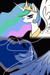 Size: 3412x5120 | Tagged: safe, artist:taohuabuhuanjiu09211, derpibooru import, princess celestia, princess luna, alicorn, pony, black background, eyes closed, female, looking at you, mare, one eye closed, royal sisters, siblings, simple background, sisters, smiling, wink