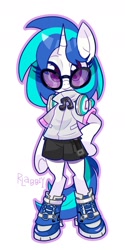 Size: 900x1800 | Tagged: safe, artist:rlabbiy, derpibooru import, dj pon-3, vinyl scratch, pony, semi-anthro, unicorn, clothes, grin, horn, looking at you, pink outline, shoes, shorts, simple background, smiling, text, white background