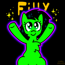 Size: 1280x1280 | Tagged: safe, artist:vaporammy, derpibooru exclusive, derpibooru import, oc, oc only, oc:anon filly, earth pony, pony, g4, black background, chest fluff, eyelashes, female, filly, foal, glowing, hooves up, neon, simple background, sparkles, sparkly mane, text