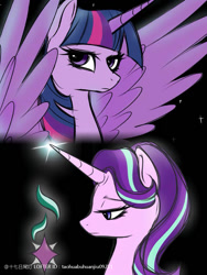 Size: 750x1000 | Tagged: safe, artist:taohuabuhuanjiu09211, derpibooru import, starlight glimmer, twilight sparkle, twilight sparkle (alicorn), alicorn, pony, unicorn, duo, duo female, female, horn