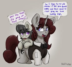 Size: 2112x1967 | Tagged: safe, artist:reddthebat, derpibooru import, octavia melody, oc, oc:violina (reddthebat), earth pony, pony, unicorn, british, confused, dialogue, duo, eye clipping through hair, eyebrows, eyebrows visible through hair, female, freckles, horn, lidded eyes, mare, open mouth, open smile, ponies riding ponies, riding, riding a pony, signature, smiling, speech bubble, vulgar