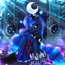 Size: 2400x2400 | Tagged: safe, artist:darksly, derpibooru import, princess luna, oc, oc:night reader, alicorn, pony, duo, hug, reflection, winghug, wings