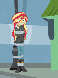 Size: 2500x3333 | Tagged: safe, artist:nie-martw-sie-o-mnie, derpibooru import, sunset shimmer, human, eqg summertime shorts, equestria girls, g4, monday blues, bondage, boots, cloth gag, clothes, female, femsub, gag, high heel boots, hoodie, lamppost, outdoors, pole tied, rain, shoes, solo, submissive, tape, tape bondage, wet, wet hair