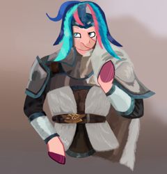 Size: 1150x1200 | Tagged: safe, artist:tiska, derpibooru import, oc, oc only, oc:myata, human, pegasus, abstract background, armor, belt, blue eyes, bracer, fur cape, humanized, solo