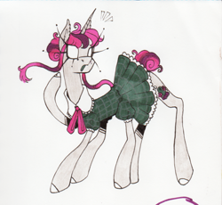 Size: 1437x1321 | Tagged: safe, artist:maniczombiedreamgirl, derpibooru exclusive, derpibooru import, oc, oc only, oc:quite contrary, ghost, ghost pony, pony, undead, unicorn, 2024, blank eyes, clothes, dress, ear fluff, ears, emanata, female, flowing mane, frilly, frilly dress, gray coat, hair bun, horn, simple background, six legs, sketchbook, skinny, solo, tail, tail bun, thin, three toned mane, three toned tail, white background, white hooves