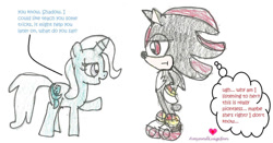 Size: 1236x647 | Tagged: safe, artist:amyandluigifan, derpibooru import, hedgehog, pony, unicorn, g4, dialogue, duo, english, horn, mobian, shadow the hedgehog, simple background, sonic the hedgehog (series), thought bubble, traditional art, unamused, white background