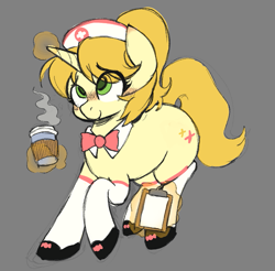 Size: 817x803 | Tagged: artist needed, source needed, safe, derpibooru import, oc, oc:nurse goldenheart, unicorn, blushing, clothes, coffee, coffee cup, cup, female, green eyes, hat, horn, magic, mare, necktie, nurse, nurse hat, simple background, smiling, socks, telekinesis, unicorn oc, yellow coat, yellow mane