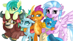 Size: 1920x1080 | Tagged: safe, artist:jbond, derpibooru import, gallus, ocellus, sandbar, silverstream, smolder, yona, changedling, changeling, classical hippogriff, dragon, earth pony, griffon, hippogriff, pony, yak, g4, cute, diastreamies, dragoness, female, gallabetes, group, group hug, hug, male, ship:yonabar, shipping, simple background, smolderbetes, stallion, straight, student six, teenaged dragon, teenager, white background