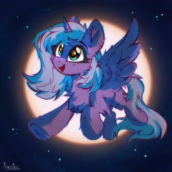 Size: 3000x3000 | Tagged: safe, artist:aureai, artist:aureaiart, derpibooru import, princess luna, alicorn, pony, cheek fluff, chest fluff, cute, ear fluff, ears, female, filly, fluffy, flying, foal, full moon, high res, horn, lunabetes, moon, open mouth, open smile, smiling, solo, spread wings, tail, underhoof, wings, woona, younger