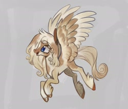 Size: 2048x1741 | Tagged: safe, artist:zackfurry111, derpibooru import, oc, oc only, pegasus, pony, blonde, blonde mane, brown wings, flying, gray background, pegasus oc, side view, simple background, solo, spread wings, tan coat, tan wings, wings