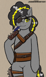 Size: 2480x4093 | Tagged: safe, derpibooru import, oc, oc:bug-zapper, earth pony, pony, semi-anthro, fallout equestria, armor, belt, eyepatch, feather, female, mare, solo