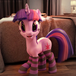 Size: 2048x2048 | Tagged: source needed, safe, anonymous artist, derpibooru import, twibooru import, twilight sparkle, unicorn twilight, pony, unicorn, g4, 3d, bed, cloth, clothes, comfy, cute, female, imported from twibooru, looking at you, mare, on floor, open mouth, raised hoof, raised leg, realistic, socks, solo, standing on three hooves, striped socks