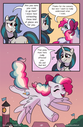 Size: 1496x2300 | Tagged: safe, artist:skysorbett, derpibooru import, oc, oc only, oc:sky sorbet, oc:smoky spectre, pegasus, pony, unicorn, comic:breaking free, clock tower, comic, female, flying, horn, mare, outdoors, speech bubble, talking, town