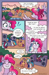 Size: 1496x2300 | Tagged: safe, artist:skysorbett, derpibooru import, oc, oc only, oc:sky sorbet, oc:twister joy, pegasus, pony, comic:breaking free, comic, exclamation point, female, festival, flag, male, mare, outdoors, speaker, speech bubble, stallion, talking, thought bubble