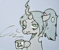 Size: 1037x879 | Tagged: safe, artist:anonymous, derpibooru import, queen chrysalis, changeling, changeling queen, g4, alternate hairstyle, bags under eyes, cup, drawthread, female, hoof hold, lidded eyes, looking at you, ponytail, simple background, slit eyes, solo, steam, tired, top bug