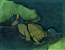 Size: 1500x1159 | Tagged: safe, artist:junglefiend, derpibooru import, oc, oc only, pegasus, pony, artfight, blue mane, border, detailed background, green coat, outdoors, pegasus oc, solo, water