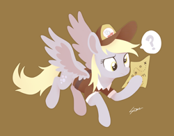 Size: 1470x1150 | Tagged: safe, artist:sion, derpibooru import, derpy hooves, pegasus, pony, g4, brown background, female, flying, hoof hold, mailmare, map, mare, question mark, signature, simple background, solo, speech bubble, spread wings, wings