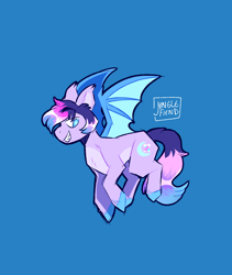 Size: 1100x1304 | Tagged: safe, artist:junglefiend, derpibooru import, oc, oc only, bat pony, pony, artfight, bat pony oc, blue background, grin, purple coat, simple background, smiling, solo