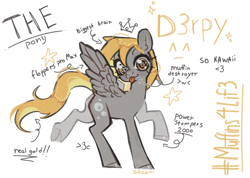 Size: 2955x2108 | Tagged: safe, artist:azaani, derpibooru import, derpy hooves, pegasus, pony, g4, arrow, bipedal, female, high res, looking at you, mare, silly, simple background, smiling, smiling at you, solo, spread wings, starry eyes, text, tongue, tongue out, white background, wingding eyes, wings