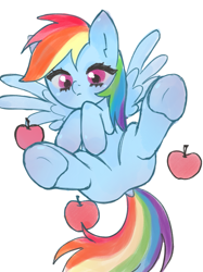 Size: 1019x1359 | Tagged: safe, alternate version, artist:zicaibiaofantuan, derpibooru import, rainbow dash, pegasus, pony, apple, butt, dock, featureless crotch, female, food, lying down, mare, on back, plot, simple background, solo, spread legs, spread wings, spreading, tail, underhoof, white background, wings