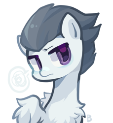 Size: 504x551 | Tagged: safe, artist:breeze, derpibooru import, rumble, pegasus, pony, bust, chest fluff, colt, foal, frown, looking at you, male, portrait, simple background, solo, speech bubble, spread wings, white background, wings