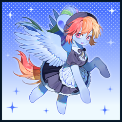 Size: 3661x3661 | Tagged: safe, artist:fantakun, derpibooru import, rainbow dash, pegasus, pony, clothes, female, gradient background, maid, mare, passepartout, patterned background, rainbow maid, solo, spread wings, wings