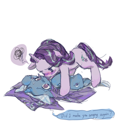 Size: 2461x2668 | Tagged: safe, artist:xinjinjumin3299349, derpibooru import, starlight glimmer, trixie, pony, unicorn, blushing, duo, duo female, female, grumpy, horn, lesbian, lying down, mare, on back, shipping, simple background, startrix, talking, white background