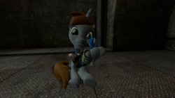 Size: 1920x1080 | Tagged: safe, artist:ports2005, derpibooru import, oc, oc only, oc:homage, oc:littlepip, pony, unicorn, fallout equestria, 3d, cuddling, female, gmod, happy, horn, looking at you, mare, pipbuck, sitting, smiling, smiling at you, unicorn oc