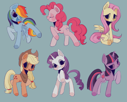 Size: 2475x2001 | Tagged: safe, artist:nimingxiwang168, derpibooru import, applejack, fluttershy, pinkie pie, rainbow dash, rarity, twilight sparkle, unicorn twilight, earth pony, pegasus, pony, unicorn, blue background, eyes closed, group, horn, mane six, open mouth, open smile, simple background, sitting, smiling