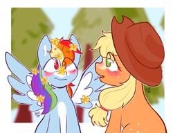 Size: 2048x1575 | Tagged: safe, artist:arnie_mae_, derpibooru import, applejack, rainbow dash, pony, g4, appledash, blushing, colored wings, countershading, duo, duo female, eye clipping through hair, female, flower, flower in hair, lesbian, mare, shipping, spread wings, two toned wings, wings