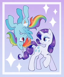 Size: 1436x1720 | Tagged: safe, artist:arnie_mae_, derpibooru import, rainbow dash, rarity, pegasus, pony, unicorn, g4, duo, duo female, female, gradient background, horn, lesbian, raridash, shipping, smiling, sparkles, spread wings, upside down, wings