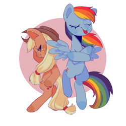 Size: 2048x2048 | Tagged: safe, artist:nimingxiwang168, derpibooru import, applejack, rainbow dash, earth pony, pegasus, pony, semi-anthro, :p, appledash, crossed arms, duo, duo female, eyes closed, female, lesbian, shipping, smiling, tongue, tongue out