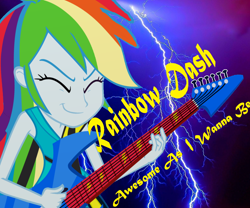 Size: 2422x2015 | Tagged: safe, artist:greenmachine987, artist:mellow91, derpibooru import, rainbow dash, human, equestria girls, g4, rainbow rocks, album cover, awesome as i want to be, clothes, electric guitar, eyes closed, female, guitar, guitar pick, lightning, multicolored hair, musical instrument, playing, playing instrument, rainbow rocks 10th anniversary, rainbow rocks outfit, smiling, solo, text, vector used