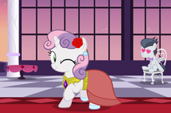 Size: 2036x1340 | Tagged: safe, artist:lunaticdawn, derpibooru import, rumble, sweetie belle, pegasus, pony, unicorn, g4, bowtie, canterlot castle, chair, clothes, colt, cute, dress, duo, ear piercing, earring, element of generosity, female, filly, flower, foal, grand galloping gala, grin, heart, heart eyes, horn, jewelry, male, necktie, one eye closed, piercing, raised hoof, raised leg, rose, ship:rumbelle, shipping, sitting, smiling, straight, table, wingding eyes, wink