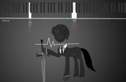 Size: 5244x3420 | Tagged: safe, artist:wike cat, derpibooru import, pony, dark, library of ruina, mask, music, musical instrument, piano, projectmoon, roland, sword, weapon