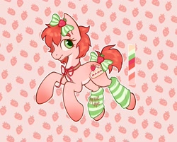 Size: 2035x1637 | Tagged: safe, artist:arnie_mae_, derpibooru import, oc, oc only, earth pony, pony, bow, bowtie, clothes, food, hair bow, leg warmers, looking at you, necktie, solo, strawberry, strawberry shortcake, striped leg warmers, tail, tail bow