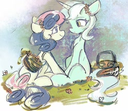 Size: 1184x1029 | Tagged: safe, artist:xinjinjumin947501963473, derpibooru import, bon bon, lyra heartstrings, sweetie drops, earth pony, pony, unicorn, basket, blushing, female, flower, flower in hair, horn, lesbian, looking at each other, looking at someone, lyrabon, mare, shipping, sitting, smiling