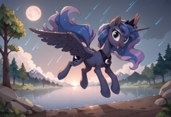 Size: 1824x1248 | Tagged: safe, ai content, derpibooru import, generator:stable diffusion, machine learning generated, princess luna, alicorn, pony, g4, cloud, flying, forest, happy, lake, looking at you, moon, nature, open mouth, prompter:kimberlite, rain, solo, tree, water