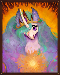 Size: 2425x3026 | Tagged: safe, artist:blavatflowers, derpibooru import, princess celestia, alicorn, pony, g4, bust, crying, curved horn, female, fire, high res, horn, looking at you, mare, portrait, solo, sun