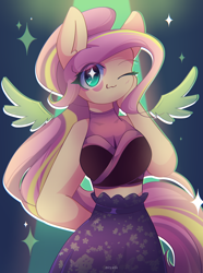 Size: 2230x3000 | Tagged: safe, artist:miryelis, derpibooru import, fluttershy, human, equestria girls, g4, rainbow rocks, :3, clothes, cute, cyan eyes, dress, ears, female, gradient background, long hair, looking at you, one eye closed, ponied up, pony ears, rainbow rocks 10th anniversary, smiling, solo, sparkles, two toned hair, wings, wink