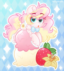 Size: 1280x1408 | Tagged: safe, artist:ninnydraws, derpibooru import, oc, oc only, oc:ninny, pegasus, blushing, bowtie, colored wings, female, folded wings, food, ice cream, looking at you, lying down, mare, micro, necktie, patterned background, solo, two toned mane, two toned wings, wings