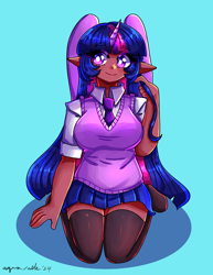 Size: 2550x3300 | Tagged: safe, artist:mylittleyuri, derpibooru import, twilight sparkle, twilight sparkle (alicorn), alicorn, human, g4, big breasts, blue background, breasts, clothes, dark skin, elf ears, eyebrows, eyebrows visible through hair, headlight sparkle, high res, horn, horned humanization, humanized, kneeling, looking offscreen, necktie, signature, simple background, skirt, smiling, solo, stockings, thigh highs, vest, white pupils, winged humanization, wings