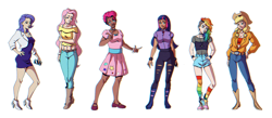 Size: 1224x534 | Tagged: safe, artist:dorkyalexandra, derpibooru import, applejack, fluttershy, pinkie pie, rainbow dash, rarity, twilight sparkle, human, alternate hairstyle, applejack's hat, belly, belly button, belt, boots, bracelet, cellphone, clothes, coat, converse, cowboy boots, cowboy hat, dark skin, denim, dress, eyeshadow, female, fishnet clothing, hat, high heel boots, humanized, jeans, jewelry, lipstick, makeup, mane six, mary janes, midriff, necklace, pants, phone, rainbow socks, ring, ripped pants, shirt, shoes, shorts, simple background, skirt, smartphone, socks, spiked wristband, striped socks, t-shirt, torn clothes, wall of tags, white background, wristband