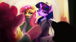 Size: 1920x1080 | Tagged: safe, artist:hierozaki, derpibooru import, fluttershy, pinkie pie, twilight sparkle, anthro, earth pony, pegasus, unicorn, g4, clothes, female, horn, lidded eyes, looking at you, mare, open mouth, purse, scarf, trio