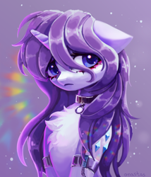 Size: 3000x3500 | Tagged: safe, artist:anastas, derpibooru import, rarity, pony, unicorn, g4, 3d cutie mark, abstract background, alternate hairstyle, alternative cutie mark placement, arm cuffs, armband, armlet, blue eyes, blushing, chest fluff, choker, cute, digital painting, draw this in your style, ear fluff, ears, eyebrows, eyelashes, female, floppy ears, flowing mane, hair over face, halfbody, high res, horn, human shoulders, jewelry, lens flare, lineless, long mane, looking at you, looking down, looking down at you, loose hair, mare, purple mane, raribetes, shiny mane, shoulder cutie mark, slender, solo, sparkles, sparkly background, thin, unicorn horn, wavy mane, white coat