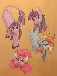 Size: 1620x2160 | Tagged: artist needed, safe, derpibooru import, pinkie pie, rainbow dash, twilight sparkle, unicorn twilight, classical unicorn, earth pony, pegasus, unicorn, cloven hooves, crooked horn, ear piercing, earring, eyelashes, female, horn, jewelry, leonine tail, piercing, redesign, tongue, tongue out, traditional art, trio, trio female, wings