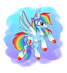 Size: 940x1024 | Tagged: safe, artist:arnie_mae_, derpibooru import, rainbow dash, pony, g4, alternate design, cascading cutie mark, colored hooves, female, flying, hooves, mare, solo, spread wings, wings