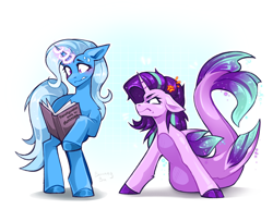 Size: 3264x2506 | Tagged: safe, artist:buvanybu, derpibooru import, starlight glimmer, trixie, merpony, pony, seapony (g4), unicorn, g4, angry, blushing, book, cloven hooves, cross-popping veins, dorsal fin, duo, duo female, emanata, female, fin, fins, fish tail, flowing mane, flowing tail, frown, glare, glowing, glowing horn, gritted teeth, high res, horn, looking at someone, magic, mare, nervous sweat, pony to merpony, reading, seaponified, seapony starlight glimmer, signature, simple background, species swap, spell gone wrong, spellbook, standing on three hooves, starlight glimmer is not amused, sweat, sweatdrops, tail, teeth, transformation, transformed, unamused, white background