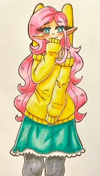 Size: 2085x3635 | Tagged: safe, artist:mylittleyuri, derpibooru import, fluttershy, human, blush lines, blushing, clothes, cute, elf ears, eye clipping through hair, eyebrows, eyebrows visible through hair, female, high res, humanized, leggings, looking at you, photo, shyabetes, skirt, smiling, smiling at you, solo, sweater, sweatershy, traditional art, winged humanization, wings